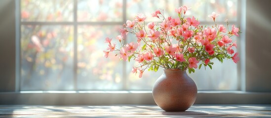 Pink flowers in a vase by a sunlit window.