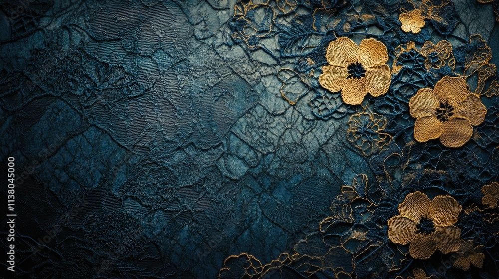 Poster elegant lace background with intricate floral patterns in shades of gold and deep blue ideal for cra
