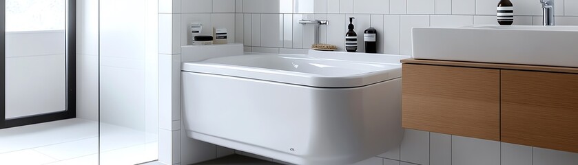 Modern bathroom with minimalist design elements.