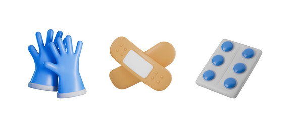 Vector 3d illustration of tablets in a package, rubber gloves, a medical patch