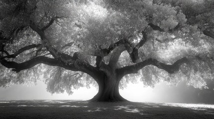 Majestic black and white silhouette of an ancient tree exhibiting extensive branches against a foggy background