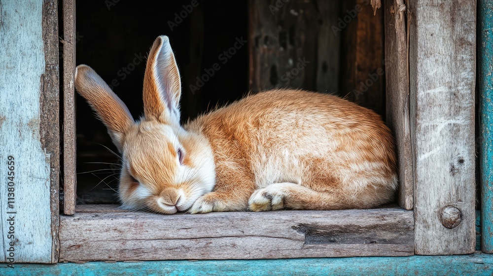 Poster peaceful rabbit napping in a rustic wooden house with warm sunlight illuminating its soft fur creati