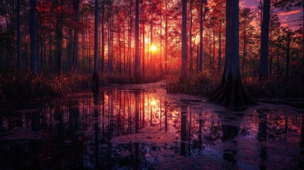 Obraz premium Serene Sunset Over Alabama Swamp with Reflections and Vibrant Autumn Colors in a Lush Forest Setting
