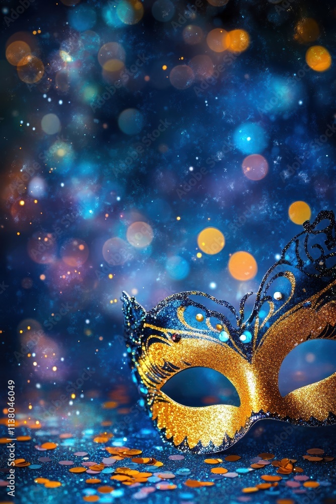 Aufkleber gleaming masquerade mask surrounded by colorful sparkles and bokeh, perfect for festive themes and c