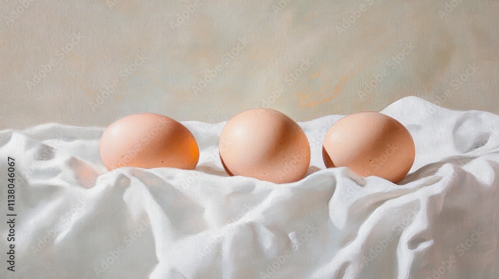 Aufkleber three fresh chicken eggs resting on a soft white cloth with a subtle textured background creating a 