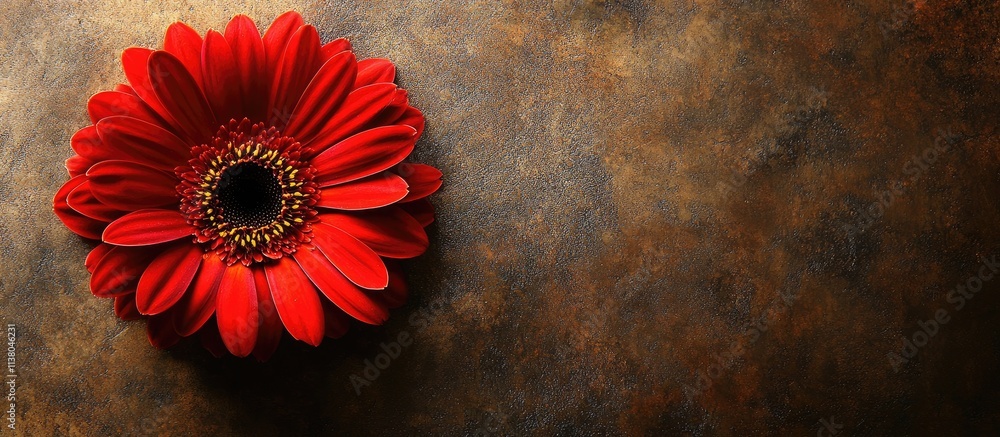 Poster volumetric golden number 80 with vibrant red gerbera flower on textured brown background with space 