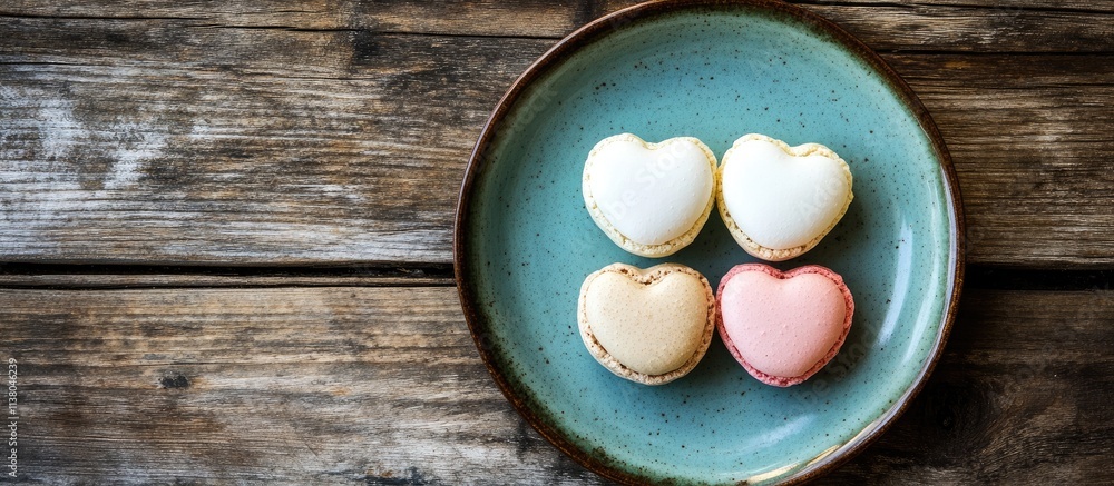 Poster colorful heart-shaped macaroons arranged on a rustic wooden table creating a charming and inviting d