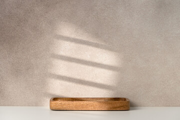 Product Presentation Scene with Wooden Tray on Neutral Background and Soft Window Shadows. Perfect for Cosmetic Product Placement. Studio Photography.