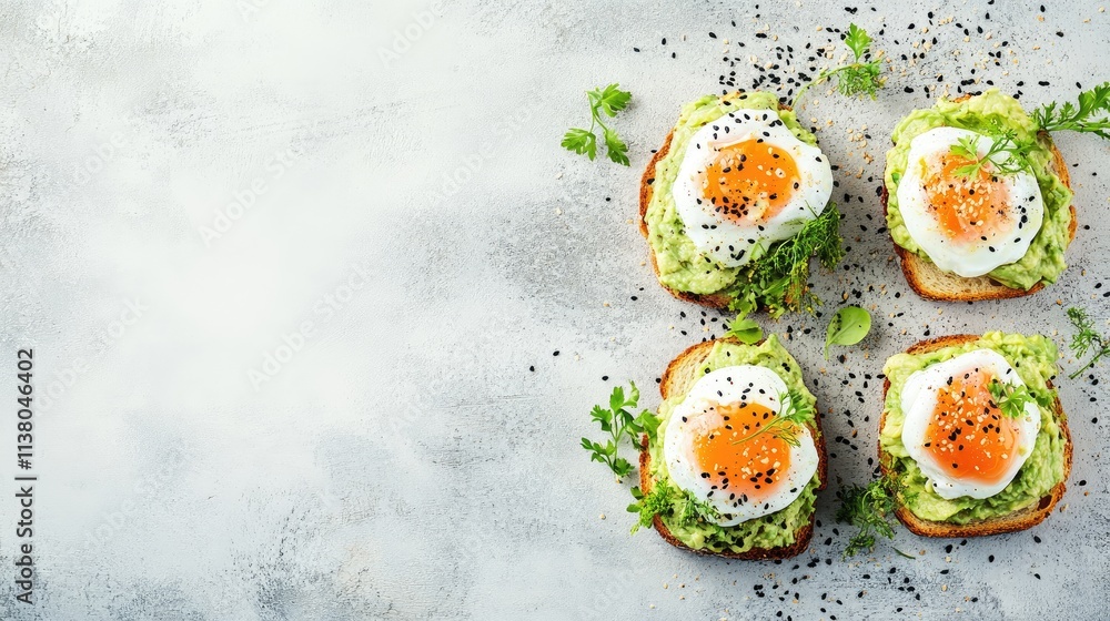 Poster smoked salmon toasts with avocado cream poached eggs and sesame seeds on a textured background ideal