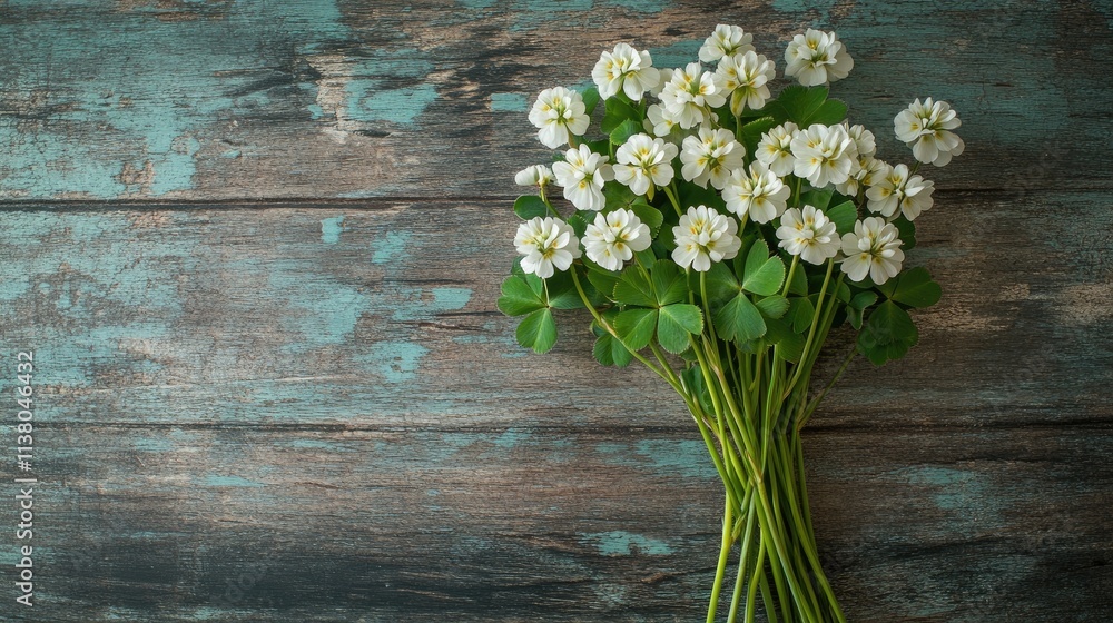 Poster white clover bouquet arranged on a rustic wooden table background creating a serene and natural atmo