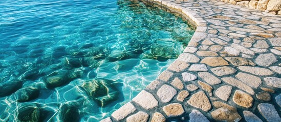 Obraz premium Aerial view of a scenic coastal pathway alongside crystal clear turquoise water and rocky shoreline inviting relaxation and adventure