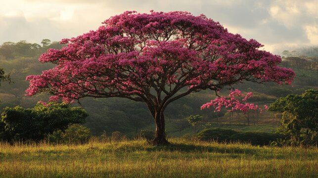 Vibrant Albizia lebbeck tree in full bloom showcasing stunning pink flowers against a scenic background of lush greenery and rolling hills