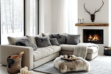Modern Cozy Winter Living Room with Fireplace