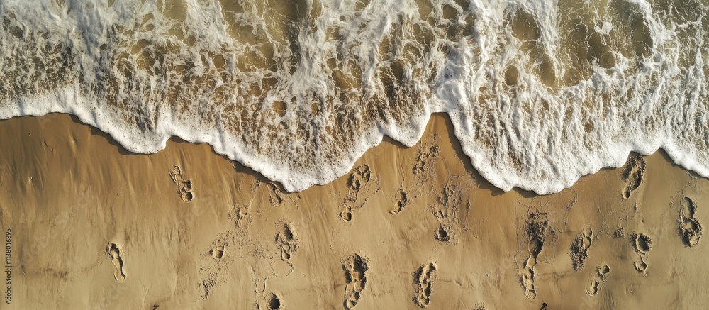 Poster aerial view of waves crashing on sandy beach with visible footprints creating a serene coastal lands