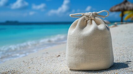 A simple beige pouch sits on a sandy beach, with vibrant blue waters and a clear sky in the background. Ideal for branding or product display.