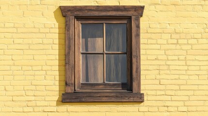 Fototapeta premium Vintage brown wooden window on light yellow brick wall of heritage home showcasing classic architectural style and enduring charm.