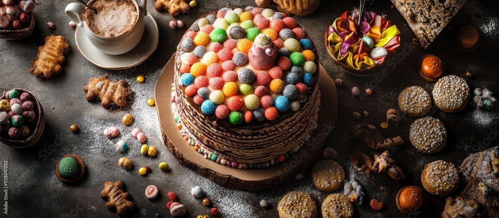 Poster colorful panettone adorned with candies and biscuits surrounded by assorted sweets and coffee on a r