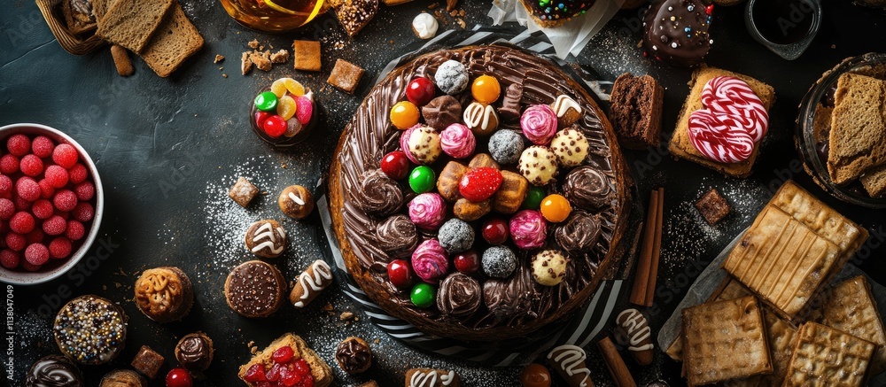 Aufkleber Delicious Panettone adorned with colorful candies and assorted biscuits on a rustic table setting