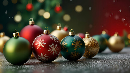 A collection of colorful Christmas baubles in gold, green, and red, arranged in a festive design with snowflakes gently falling in the background.