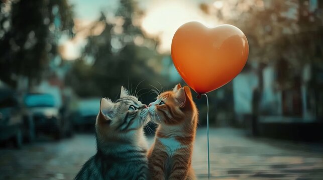 adorable whimsical cartoon: two cats sharing a heart-shaped balloon - perfect for a playful poster in a child's room or cheerful sports interior!