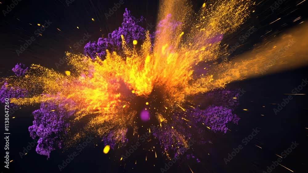 Aufkleber colorful explosion of yellow and purple particles creating a dynamic abstract visual in a dark space