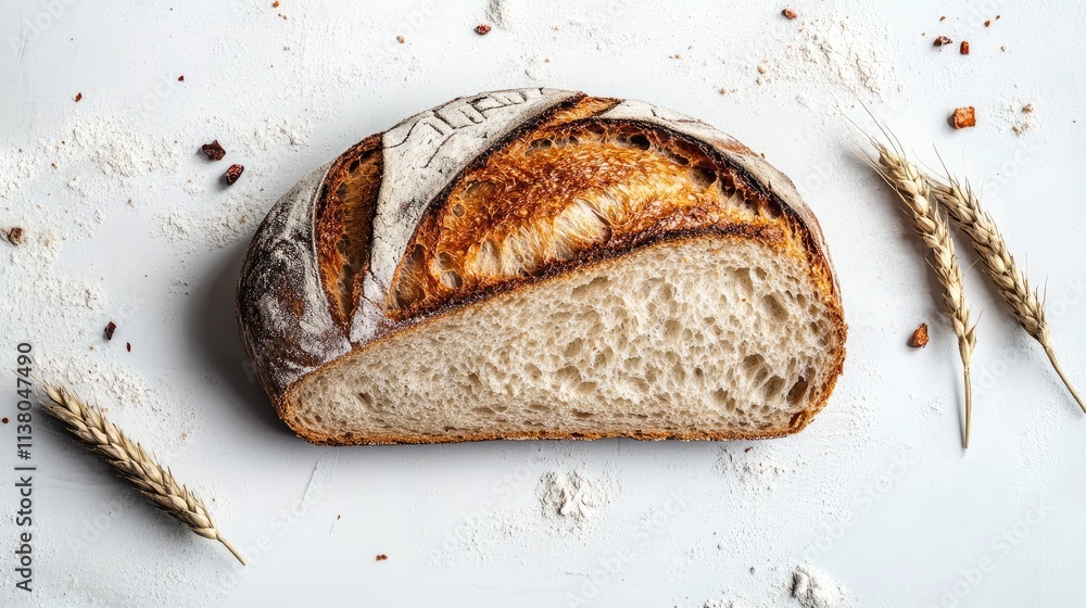 Poster Artisan bread slice on a minimalist background with wheat stalks and flour creating a rustic and inviting culinary scene.