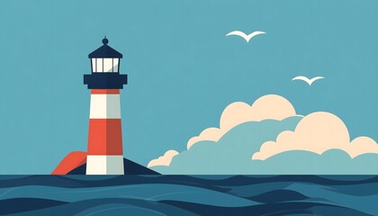 A simple cartoon-like illustration of a red and white lighthouse under a blue sky