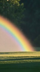 Fototapeta premium Vibrant rainbow arching over a lush green field.