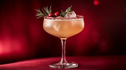 A photo of a Moscato spritz cocktail with ice, cranberry, and rosemary garnish in a glass on a dark red background. 