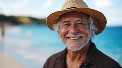 Elderly man smiles joyfully at the beach during a sunny day, enjoying the ocean breeze and picturesque view with clear blue waters and soft sand surrounding him