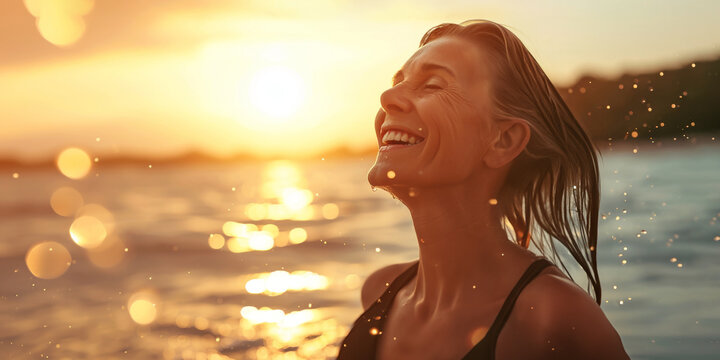 Happy middle aged woman enjoys refreshing swim in ocean at sunset, radiating joy and contentment in golden light, capturing serene pleasure of perfect moment