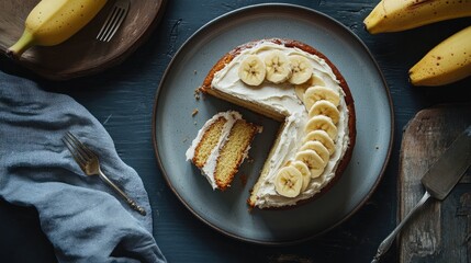 Homemade banana cake slice on a blue plate with bananas and a rustic setting perfect for coffee time enjoyment.