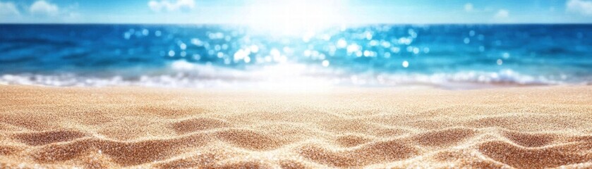 A serene beach landscape with golden sand and sparkling ocean waves under a clear blue sky, perfect for relaxation.