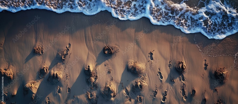 Poster aerial view of crashing waves on sandy beach featuring distinct footprints creating patterns in the 