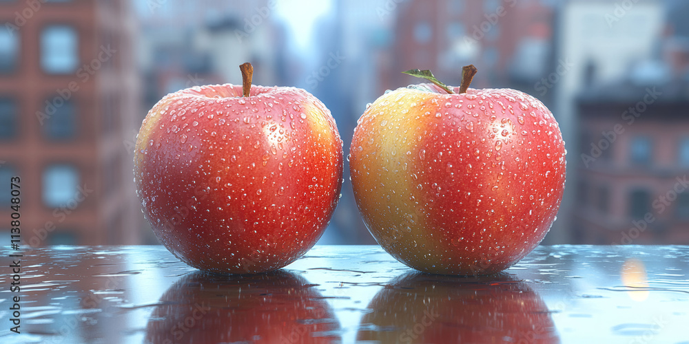 Poster two apples are sitting on a table with a city in the background. the apples are wet and shiny, and t