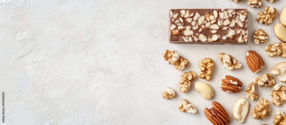 Poster chocolate bar with mixed nuts and boiled condensed milk on a light background overhead flat lay with