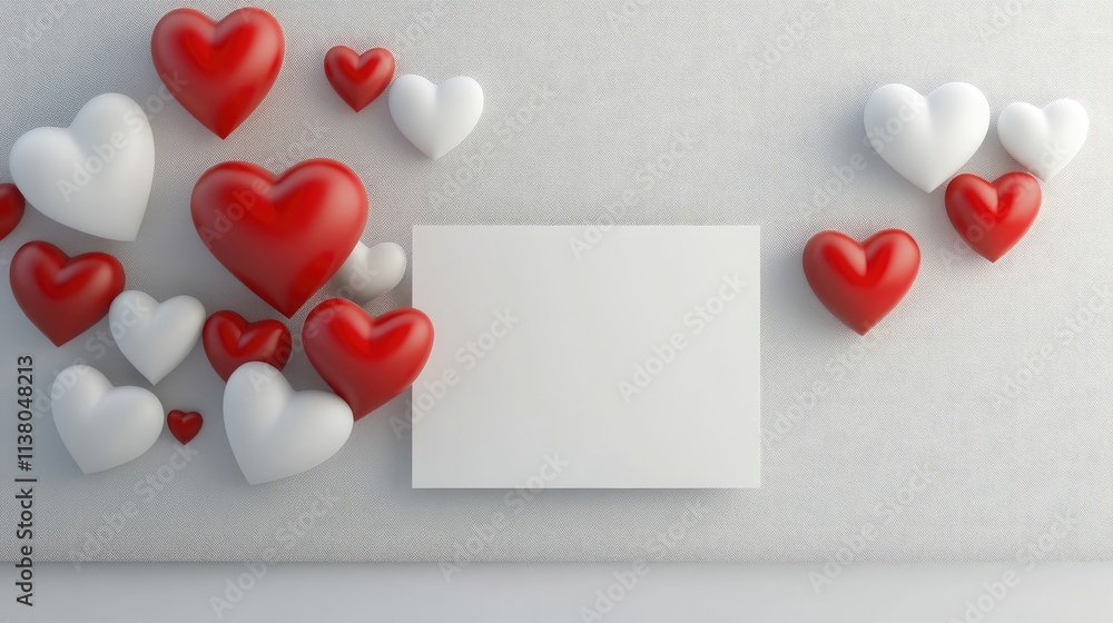 Poster 3d render of heart shaped cards in red and white with clear shadows on a soft background for romanti