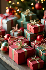 Obraz premium Gift boxes and ornaments are arranged on a wooden table as part of a holiday display featuring Christmas and winter themes._00002_