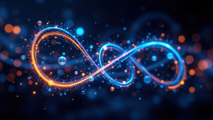 Image depicting a continuous integration and delivery cycle with vibrant blue and orange abstract elements that represent devops processes and cloud computing concepts.