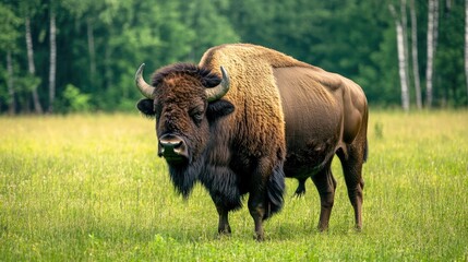 Bison standing majestically in a lush open field surrounded by greenery and trees in a serene natural landscape