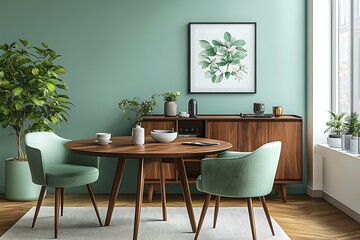 Mid-Century Modern Dining Area with Sage Green Accents