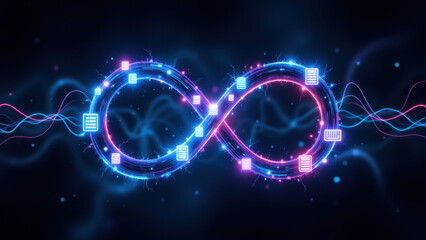 A complex data network in a circular form with elements of technology like code lines, floating particles, and abstract futuristic symbols, representing concepts such as ci/cd, devops, kubernetes