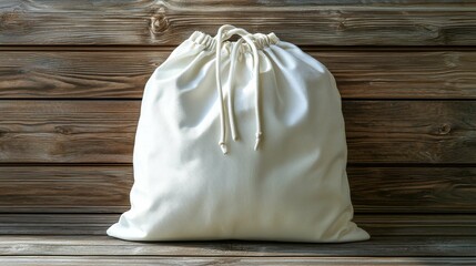 A simple white drawstring bag resting on a wooden surface. It&rsquo;s minimalist and stylish, perfect for casual use or as a gift.