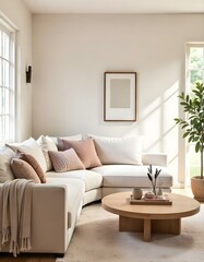 A cozy and minimalist living room with a large beige sectional sofa, a wooden coffee table, and decorative elements like feathers and plants.