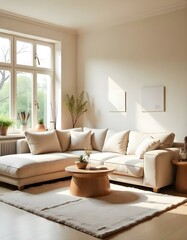 A cozy and minimalist living room with a large beige sectional sofa, a wooden coffee table, and decorative elements like feathers and plants.