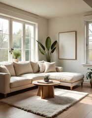 A cozy and minimalist living room with a large beige sectional sofa, a wooden coffee table, and decorative elements like feathers and plants.