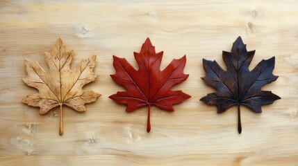 Obraz premium Three vibrant maple leaves in shades of red, brown, and gold arranged on a textured wooden background showcasing autumn's beauty.