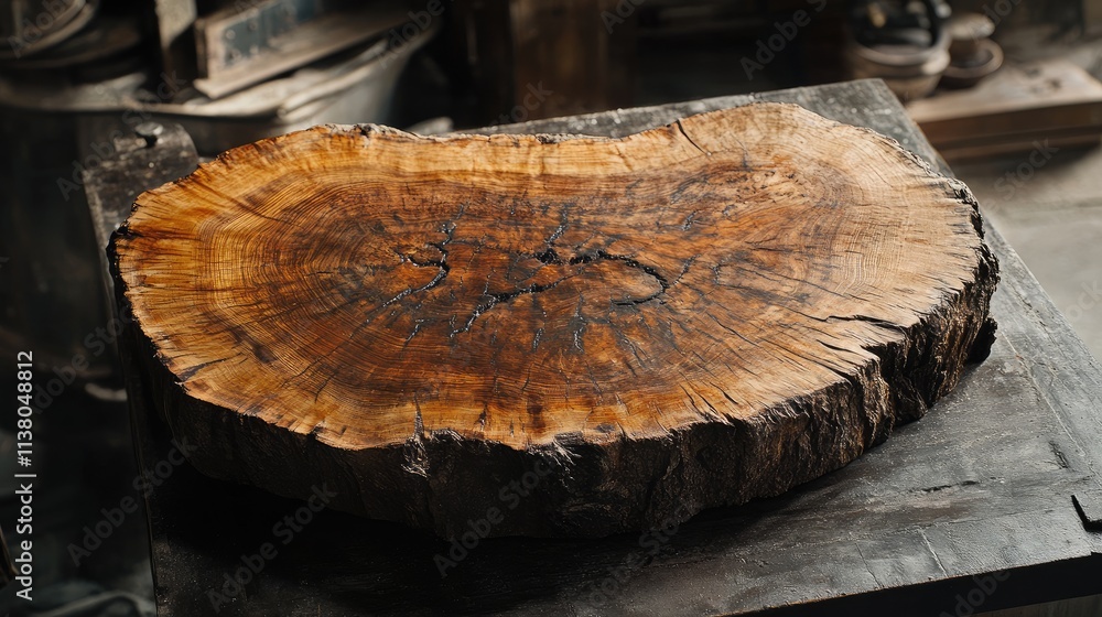 Poster Wooden slab with intricate grain patterns showcased on a rustic workbench in a craftsman's workshop setting