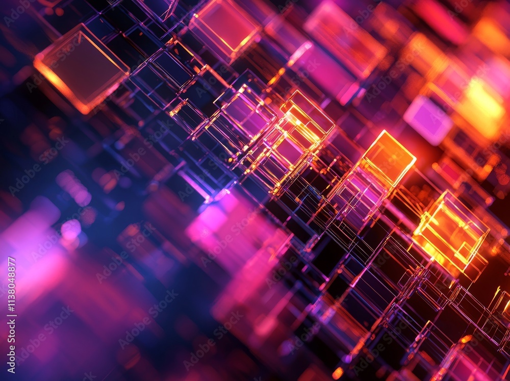 Poster a 3d render featuring an ultraviolet neon square portal with glowing lines, forming a tunnel or corr