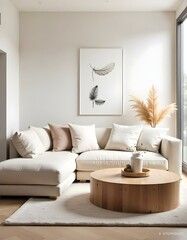 A cozy and minimalist living room with a large beige sectional sofa, a wooden coffee table, and decorative elements like feathers and plants.
